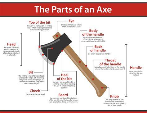 Infographic showing the parts of a fire axe (blade, hook, handle, material)