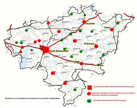 Mapa powiatu płońskiego z zaznaczonymi lokalizacjami jednostek OSP