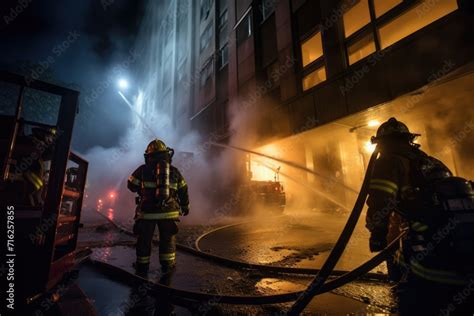 Thematic photo of firefighters extinguishing a car fire at night
