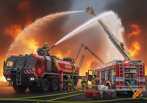 Firefighters operating a high-reach ladder at night at an industrial facility