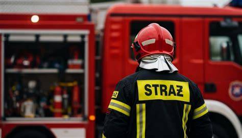 Strażak podczas akcji ratownictwa wysokościowego z użyciem specjalistycznego sprzętu