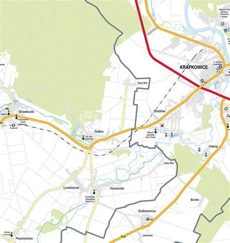 Mapa powiatu krapkowickiego z zaznaczoną linią kolejową 136 i punktami wystąpienia pożarów