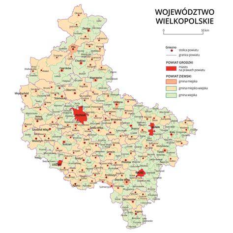 Mapa regionu Południowej Wielkopolski z zaznaczonymi miastami posiadającymi orkiestry dęte OSP