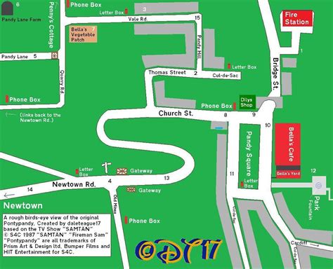 Map of the fictional town of Pontypandy, highlighting key locations like the fire station, shop, and houses