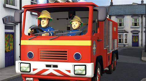 The main character, Fireman Sam, in his characteristic blue uniform and yellow helmet, with a fire truck in the background, in the town of Pontypandy.