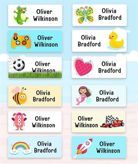 Thematic photo of various children's name stickers applied to school supplies or clothing.