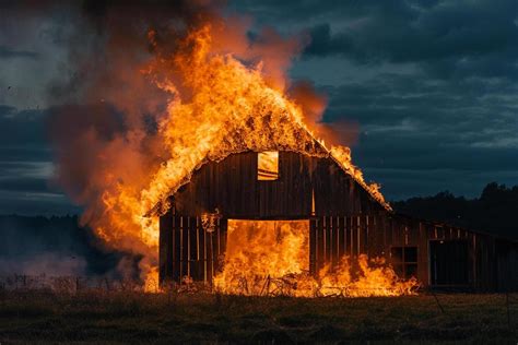 Thematic photo of a burning barn at night with fire brigade in the background