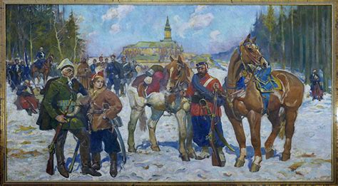 Ilustracja przedstawiająca Bitwę Miechowską lub powstańców styczniowych.