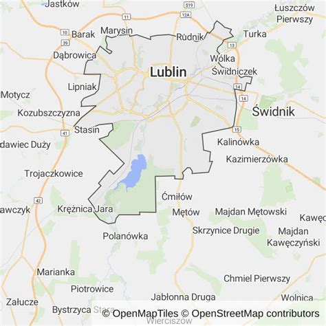 Mapa Lublina z zaznaczonym obszarem przemysłowym lub lokalizacją składowiska odpadów.