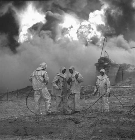 Historical photo of an oil well fire in Karlino, Poland
