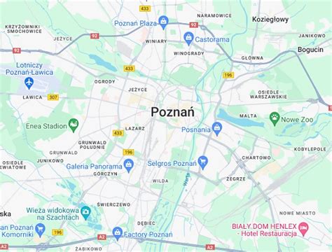 Mapa Poznania z zaznaczoną ulicą Kraszewskiego i Jeżycami