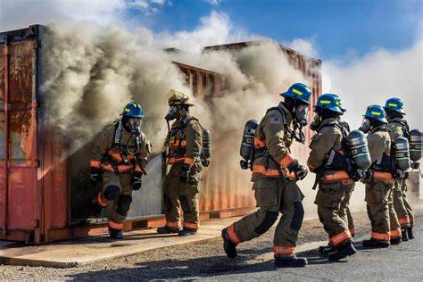 Thematic photo of firefighters participating in a fire brigade competition or training