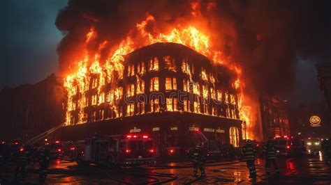 Thematic photo of a Biedronka store engulfed in flames with firefighters on scene