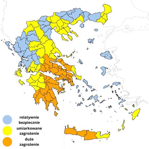 Mapa Grecji z zaznaczonymi obszarami pożarów i falą upałów
