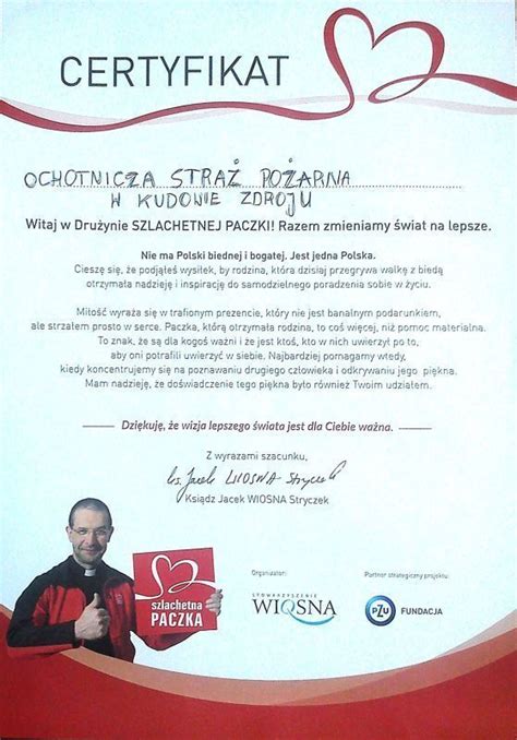 Certyfikat Szlachetna Paczka dla OSP Kudowa-Zdrój
