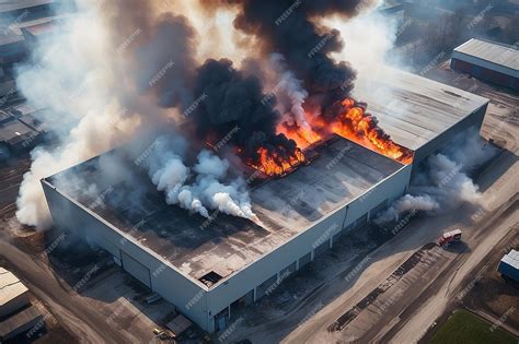 Aerial view of a large industrial fire with firefighters working