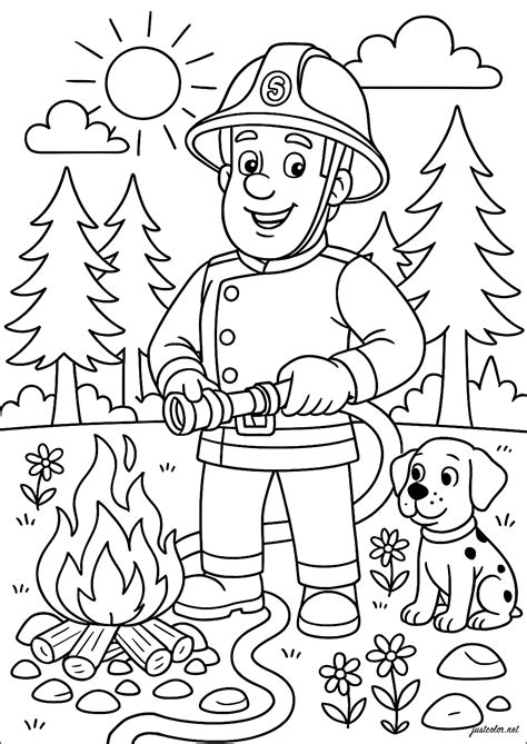 Example of a Fireman Sam coloring page with an activity (e.g., 
