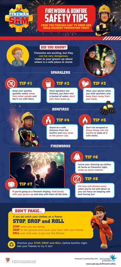 Infographic showing fire safety tips with Fireman Sam characters.