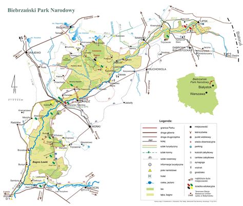 Mapa Biebrzańskiego Parku Narodowego z zaznaczeniem obszaru objętego pożarem oraz lokalizacją sztabu kryzysowego.