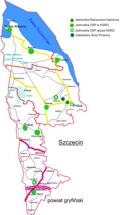Mapa powiatu polickiego z zaznaczonymi miejscami interwencji