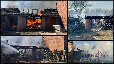 zdjęcie płonącego budynku gospodarczego, akcja gaśnicza w nocy/o zmierzchu