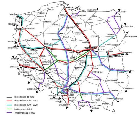 Schematyczna mapa planowanych linii kolejowych nr 5 i 242 w Polsce
