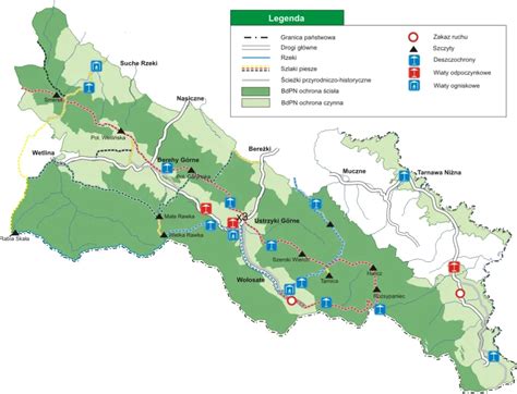 Mapa Bieszczadzkiego Parku Narodowego z zaznaczonym obszarem leśnictwa Caryńskie