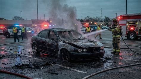 Thematic photo of a car fire being extinguished by firefighters