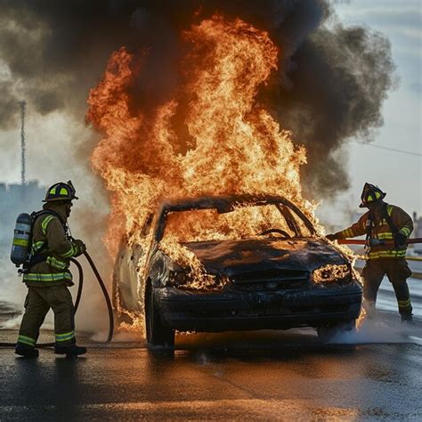 Photo of firefighters extinguishing a car