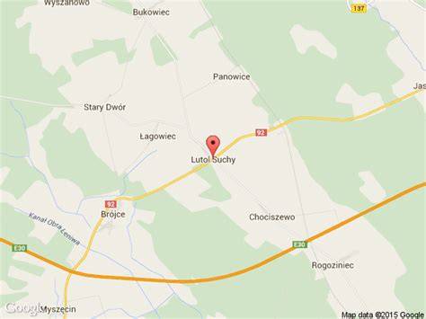 Mapa miejscowości Lutol Suchy z zaznaczonym kościołem