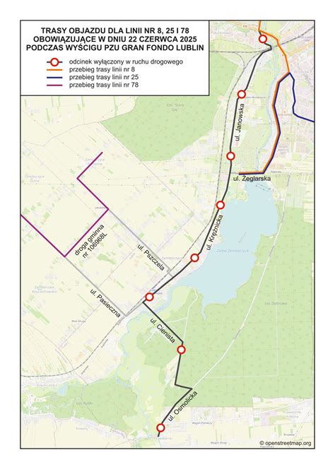 Schemat przebiegu ulicy Janowskiej w Lublinie z zaznaczonymi punktami początkowym i końcowym oraz planowanym odcinkiem modernizacji.