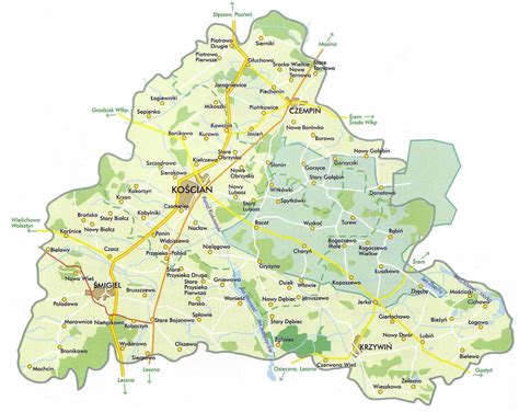 Mapa powiatu kościańskiego z zaznaczonymi miejscami pożarów