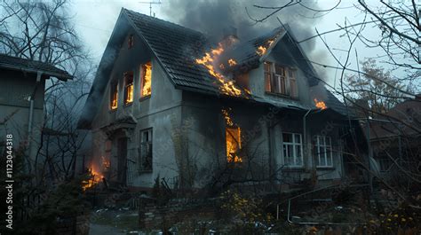 zdjęcie przedstawiające płonący dom jednorodzinny