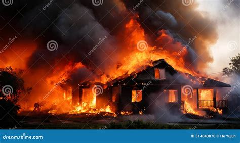 Thematic photo of a house fire at night, showing flames and smoke