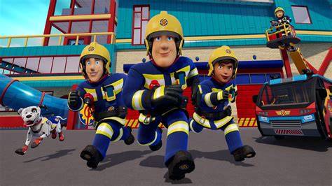 Thematic photo of Fireman Sam and his team with a fire truck in Pontypandy