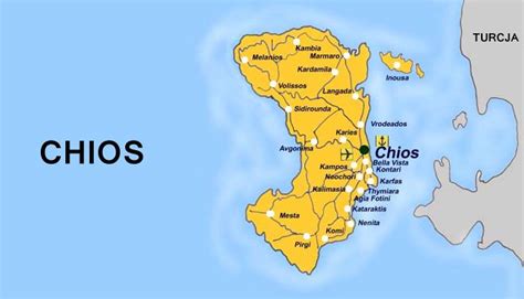 Mapa wyspy Chios z zaznaczonymi obszarami objętymi pożarem i plantacjami mastyksowymi