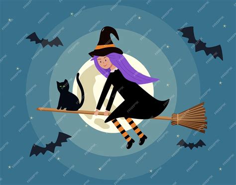 Ilustracja przedstawiająca czarownicę na miotle, z kotłem i magicznymi symbolami