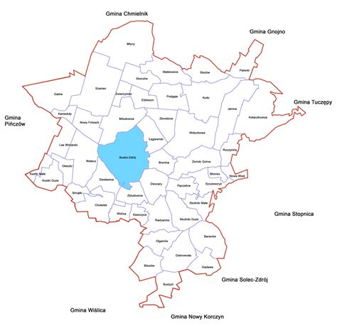 Mapa administracyjna gminy Miechów z zaznaczonymi miejscowościami.