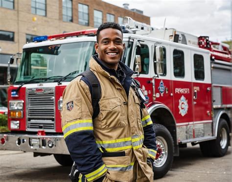 Thematic photo of a firefighter in full gear, standing by a fire truck
