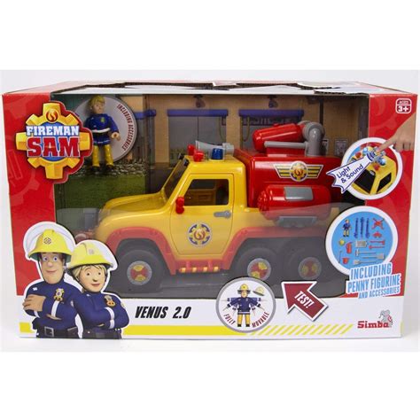 Infographic of Fireman Sam's Venus fire truck with callouts for features like water tank and included accessories.