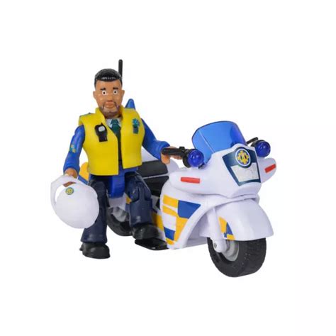 Thematic photo of Fireman Sam's police motorcycle toy with a police figure.