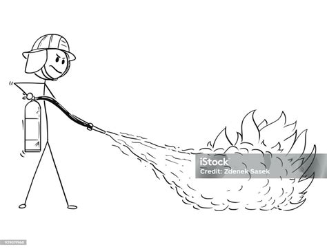 Ilustracja przedstawiająca humorystyczną scenę walki z ogniem za pomocą nietypowych narzędzi