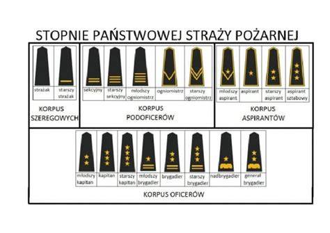 Infografika przedstawiająca stopnie służbowe w PSP z odpowiadającymi im oznakami