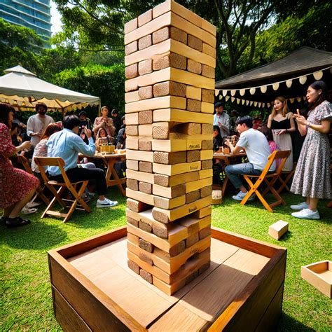 Zdjęcie przedstawiające gości weselnych bawiących się przy grach plenerowych typu XXL (Jenga, kółko i krzyżyk).