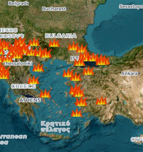 Mapa pokazująca obszary dotknięte pożarami w Turcji