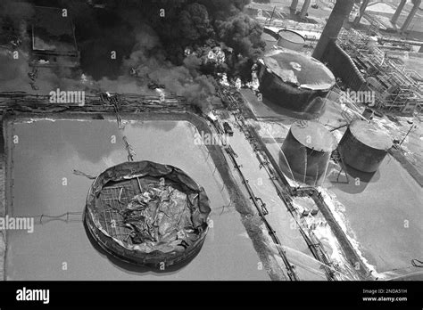 Historical photo of the aftermath of the 1975 refinery fire in Czechowice-Dziedzice