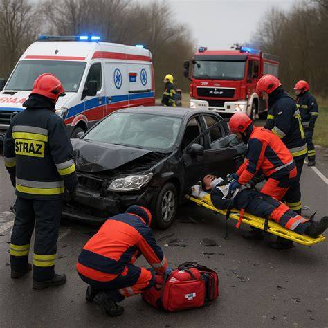 Miejsce wypadku drogowego na DK94 z zaangażowaniem służb ratowniczych