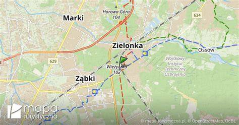 Mapa Zielonka z wyróżnionymi kluczowymi punktami, w tym remizą strażacką i kościołem