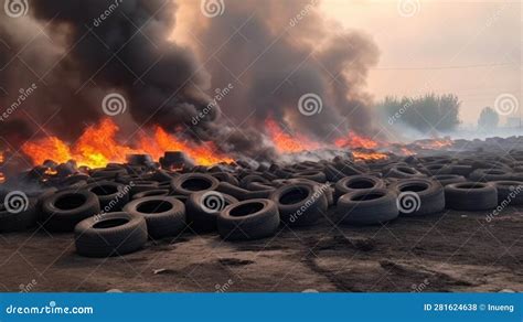 Thematic photo of a large fire at a tire landfill with firefighters and thick black smoke