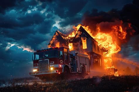 Thematic photo of a house fire scene, with emergency services in the background